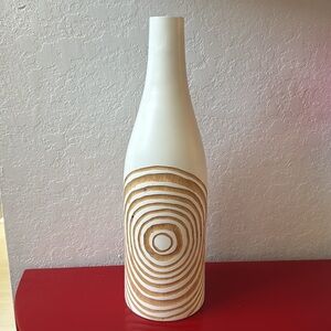 20” Boho Chic Modern Wooden Wood Vase Cut Out Geometric Design White Tan Decor